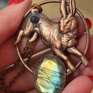 Labradorite Elegant Bronze Rabbit Pendant Necklace